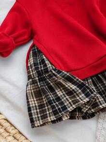 SHEIN 女婴可爱拼色长袖连衣裙，秋冬 - 紅色 - 查看 6