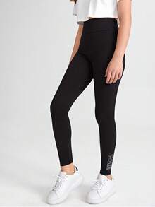 SHEIN Leggings básicos de cintura ajustada de punto para adolescentes - Negro - Ver 7