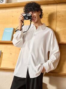 Open Phase STONE DISTRICT 男士纯色落肩衬衫，休闲衬衫，宽松服装，学院风 - 白色 - 查看 1