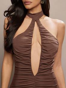 Hauture Sleeveless Tear Drop Cut Out Ruched Slit Halter Maxi Dress - Fall Sexy Mob Wife Party Statement - Brown - View 5