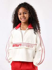 SUMWON Retro Half Zip Windbreaker White Red Stripe Jacket Logo Print Cropped Athletic Track Style