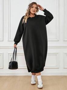 SHEIN CURVE+ Plus Size Women Loose Casual Long Fleece Hoodie Dress, Suitable For Halloween, Autumn/Winter/Autumn /Winter