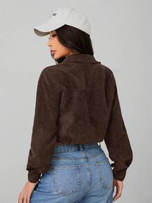 SHEIN PETITE Spring Outfits Drop Shoulder Flap Detail Crop Corduroy Jacket In Fall/Winter - Brown - View 2