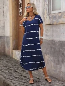 Brillora Striped Hidden Pocket Curved Hem Tee Dress - Navy Blue - View 5