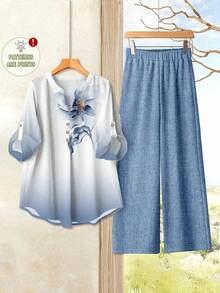 Rusticease Women's Casual Watercolor Floral Print Long Sleeve 2 Pieces Set, Suitable For Autumn/Winter Ladies Casual Sets Fall Outfits For Women Blouse And Pants Set