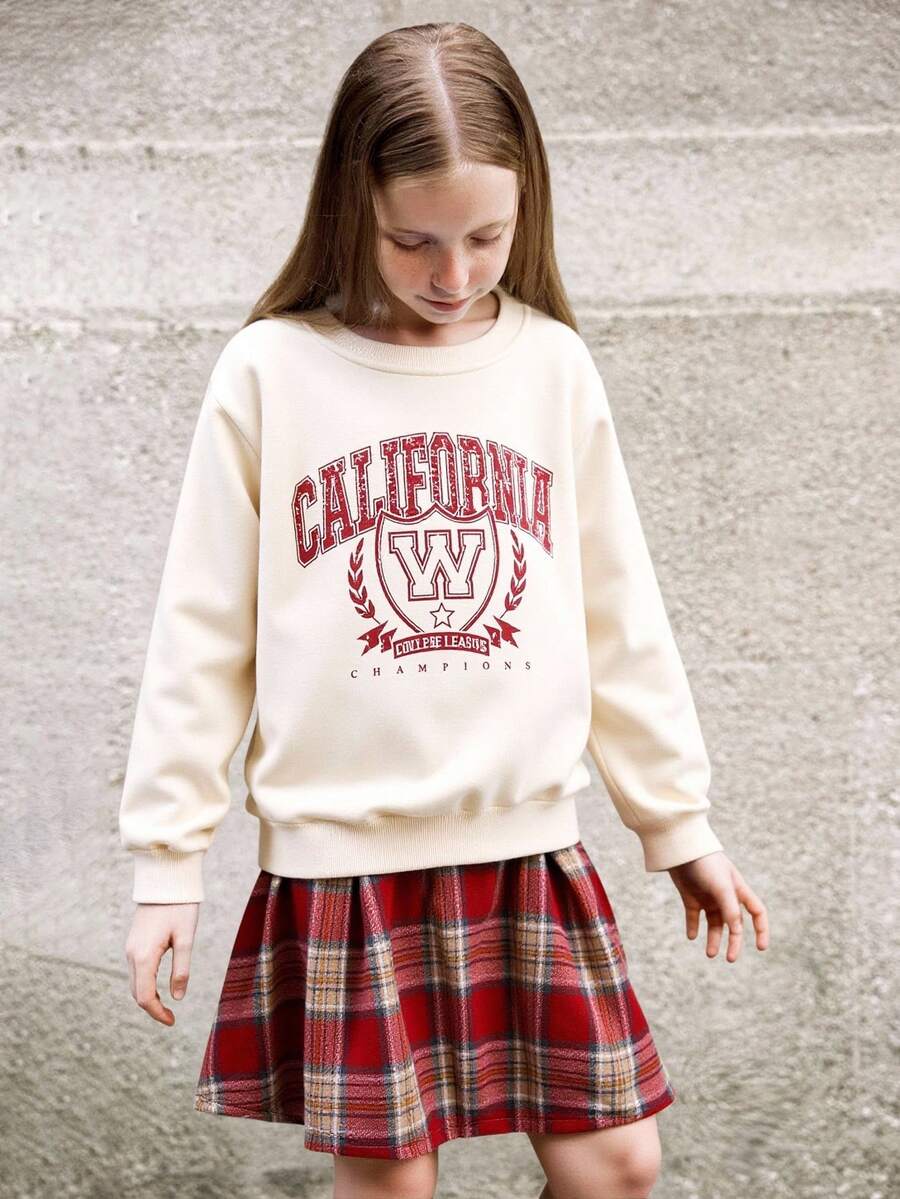 Tween Girl Ribbed Collar, Cuffs & Hem Crew Neck Letter Print Sweatshirt & Plaid Pleated Mini Skirt Set Fall Winter - Apricot - View 1