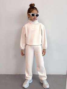 SHEIN 2pcs/Set Girls Casual Zip-Up Collar Sweatshirt And Sweatpants Set, Stylish Daily Outfit For Tween Girls Fall Winter - Beige - View 4