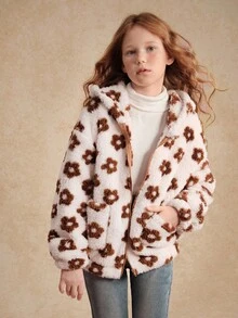 Tween Girl Floral Fuzzy Hooded Zip-Up Jacket, Autumn/Winter Fall - Baby Pink - View 6