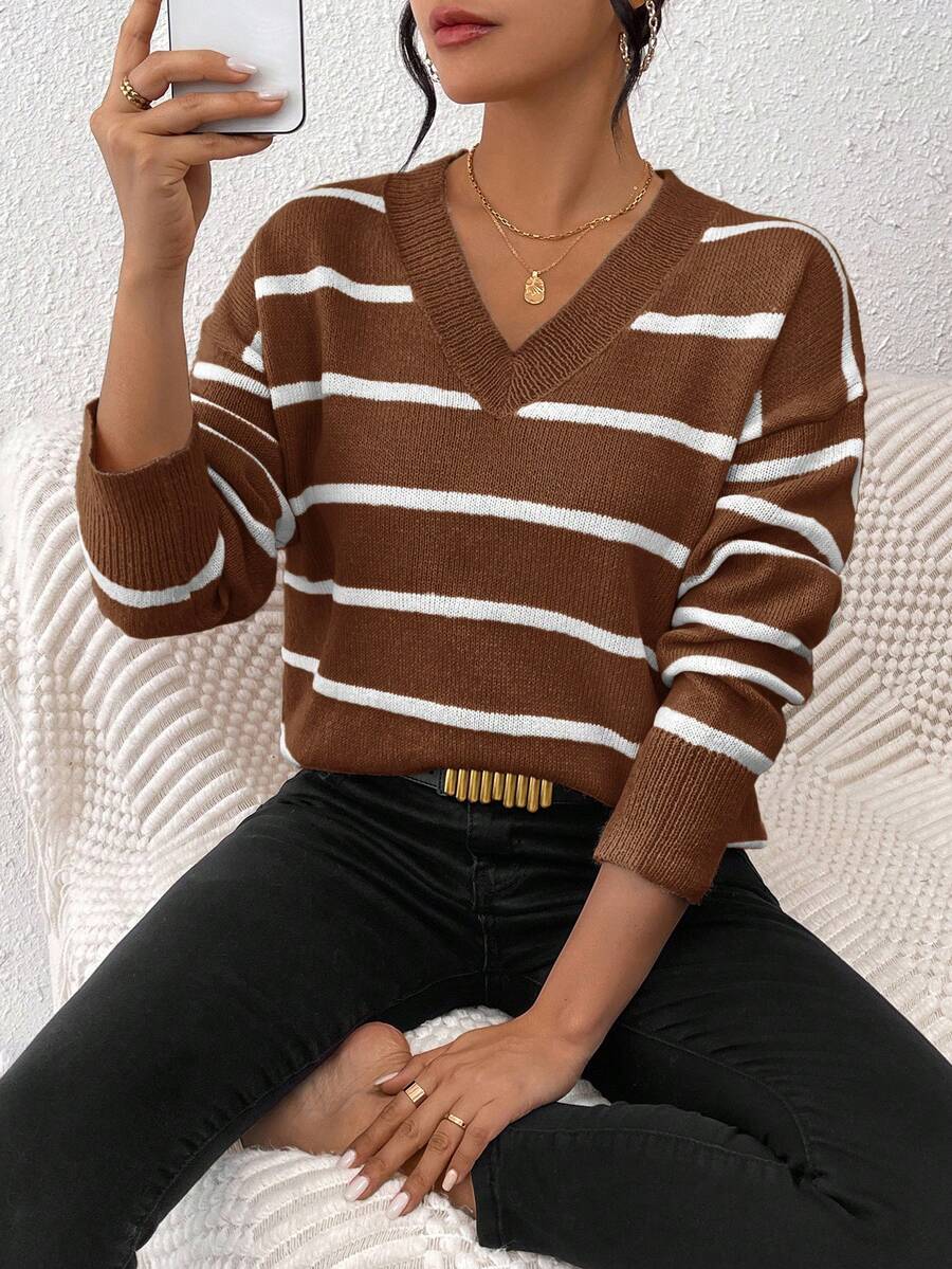 SHEIN Frenchy Áo len cổ chữ V họa tiết sọc trễ vai thời trang thu đông cho nữ - Cà phê nâu - Xem 1