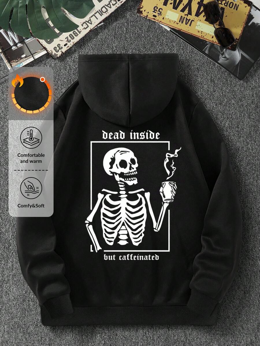 EURMUSE 100%Cotton Men Skeleton & Slogan Graphic Drawstring Thermal Lined Hoodie - Black - View 1