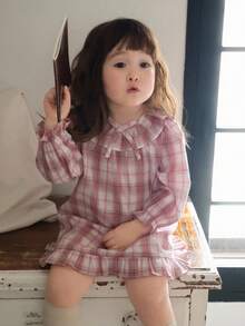 DAZY 女嬰韓式圓領荷葉領短袖舒適格紋睡衣幼兒 - 淺粉色 - 查看 3
