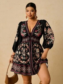 SHEIN CURVE+ 大码波西米亚风印花前系蝴蝶结V领长袖短款休闲连衣裙，适合秋季穿着。 - 彩色 - 查看 5