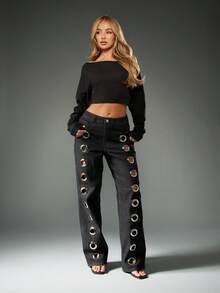 MISSGUIDED Áo nỉ cotton hở vai tay dài croptop có chi tiết lỗ kim loại thời trang sành điệu cho mùa thu đông, tiệc tùng thường ngày, câu lạc bộ đêm - màu đen - Xem 3
