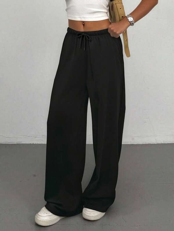 SHEIN Tween Girl Summer Simple Front Tie Loose Sweatpants, Casual Daily Wear Wide Leg Sweatpants Comfy Pants Black Baggy Pants Lounge Pants Loose Pants