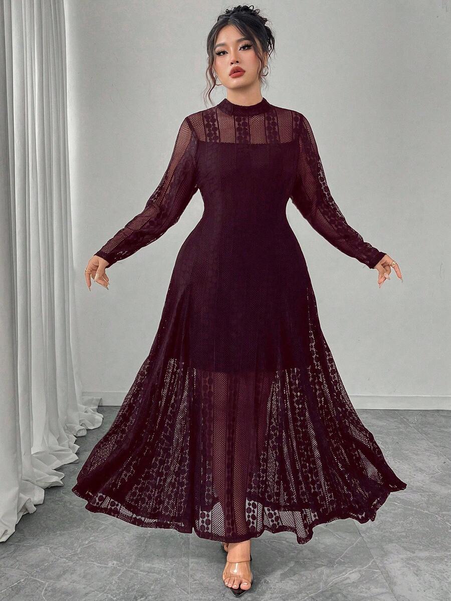 Modelyn Knit Contrast Mesh Sheer Flowy Elegant Romantic Fashion Dress, Long Sleeve, Black, Plus Size - Red Violet - View 1