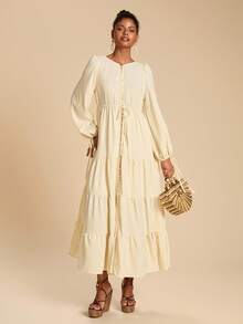 Travachic 度假休闲纯色长袖系带连衣裙 - 杏色 - 查看 4