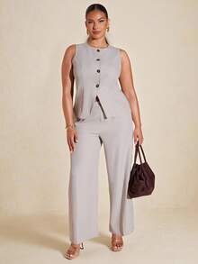 SHEIN BAE Plus Size Women's Business Solid Color Minimalist High-End Sleeveless Blazer And Pants Suit Set In Fall/Winter - Apricot - View 4