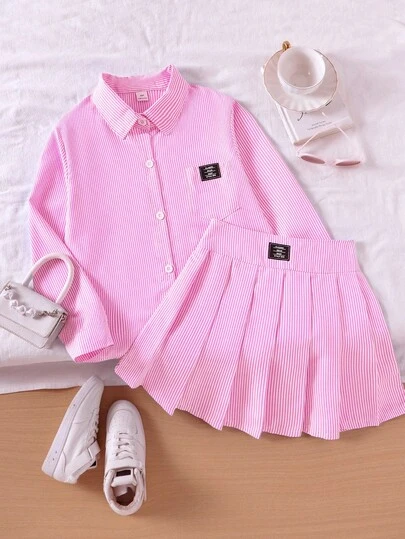 SHEIN Genkimix Kids Tween Girls Blue Striped Long Sleeve Shirt With Decorative Elastic Waist Skirt Set, Fashionable For Autumn/Winter Fall