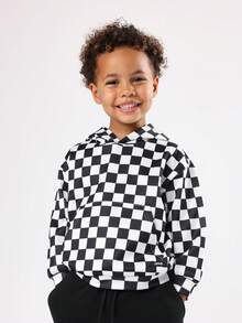 SUMWON Kids Checkerboard Pattern Hoodie And Jogger Set Fall Winter Matching Outfit With Drawstring Centre Pocket Casual Streetwear - Black - View 3