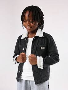 SUMWON Cotton Kids Sherpa Lined Denim Trucker Jacket Winter Fashion Outerwear With Patch Pockets Classic Casual Jean Coat Streetwear Seasonal Outerwear - Black - View 1