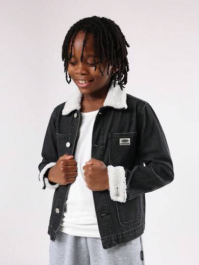 SUMWON Cotton Kids Sherpa Lined Denim Trucker Jacket Winter Fashion Outerwear With Patch Pockets Classic Casual Jean Coat Streetwear Seasonal Outerwear
