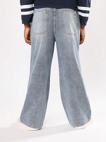 SUMWON Cotton Wide Leg Denim Jeans Baggy Aesthetic Y2K Skater Style Wave Seam Detailing Retro Streetwear Fall Winter Bottoms With Drawstring Waist - Baby Blue - View 2