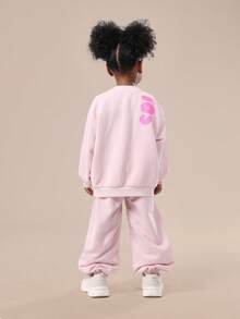 SUMWON Girls Two Piece Sweatshirt Sweatpants Wear Set Cozy Matching Winter Casual Streetwear Drawstring Elastic Ankle Kids Fashion Outfit - Baby Pink - View 2