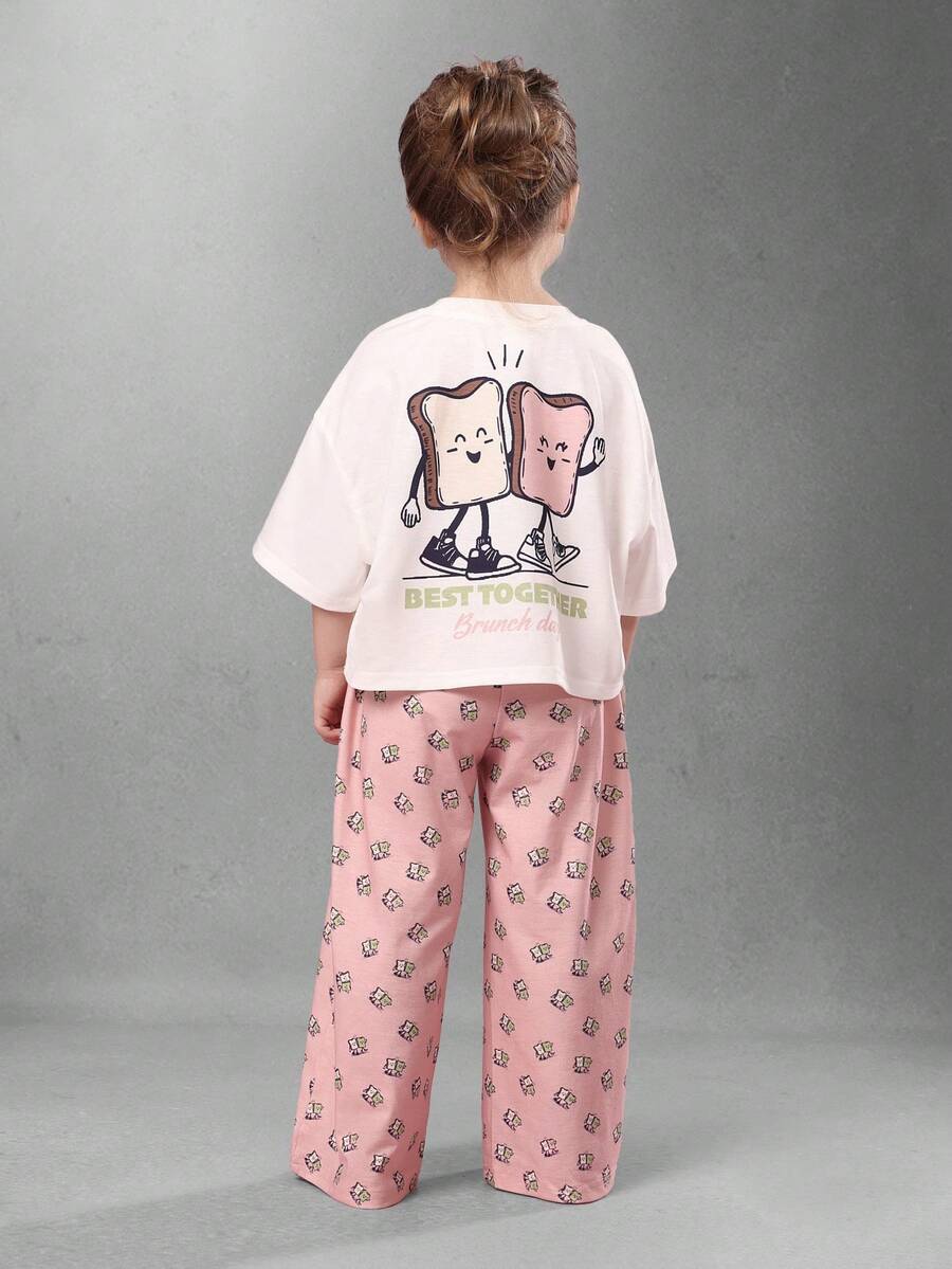 SUMWON 可爱女童两件套吐司闺蜜睡衣套装,配有阔腿长裤,可穿,印有趣味早餐图案。 - 粉色 - 查看 1