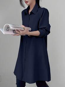 SHEIN Unity Solid Hidden Button Long Shirt For Daily Wear, Long Sleeve Tops Fall Cloth For Women - Navy Blue - View 5