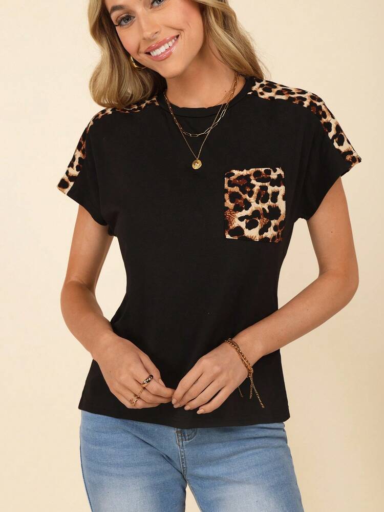 ヒョウ柄 パッチ ポケット ドルマンスリーブ Tシャツ