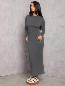 SHEIN PETITE 纯色褶腰黑色长袖连衣裙 - 深灰色 - 查看 7