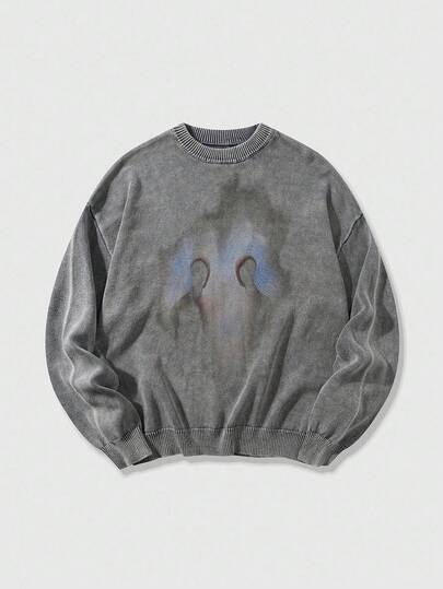 Street Life Men's Printed Fashionable Crew Neck Long Sleeve Washed Sweater, For Fall Winter