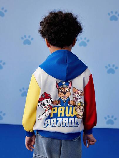 SHEIN | PAW Patrol Płaszcz z dzianiny w stylu casual, z kapturem i zamkiem błyskawicznym, dla chłopca, z nadrukiem słodkiego, kreskówkowego szczeniaka