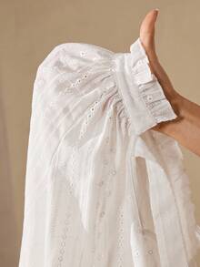 Wildy White Elegant Autumn Tea Party Embroidered Blouses For Women,Chic Loose Long Sleeve Puff Lantern Sleeve Tie Front Neck Tops,Fall Blouse - Apricot - View 7