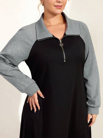 Momelise 大码女式撞色拉链设计插肩袖休闲宽松连衣裙，秋季