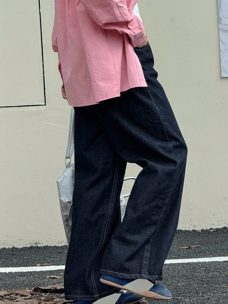 Casual Street Loose Fit Button Pocket Tween Girls Jeans