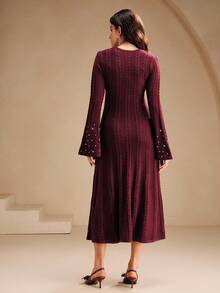 Anewsta Robe moulante élégante en maille perlée avec manches évasées, tenue de Noël élégante et élégante pour femme, robe de soirée - Rouge - Voir 6