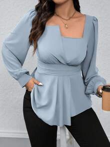 EMERY ROSE Plus Size Square Collar Ruffled Hem Peplum Top,Dusty Blue Elegant Lantern Long Sleeve Blouse For Women,Autumn Dinner Casual Solid Color Curvy Shirt - Baby Blue - View 6