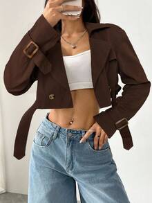 SHEIN EZwear 女式巧克力棕色翻领纽扣前长袖短款风衣，秋季 - 巧克力棕 - 查看 4