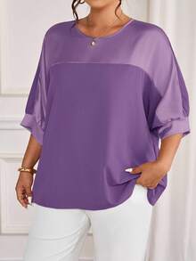 Cravure Plus Size Round Neck 3/4 Raglan Sleeve Purple Autumn Elegant Formal Metallic Fabric Patchwork Contrast Color Woven Cuff Casual Commute Party Shirt - Violet Purple - View 3