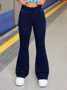 SHEIN Teen Girl Fashion Casual Blue Denim Daily Exercise Basics Stretch Slim Flared Jeans For Girls Soft Dailywear And The Four Seasonsr Teen Girl Clothes - Dark Wash - View 3