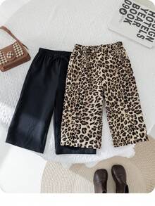 Baby Girl 2pcs Set: Loose Leopard Print Wide Leg Pants And Solid Black Wide Leg Pants , Casual Chic Outfits For Autumn/Winter - Black - View 2
