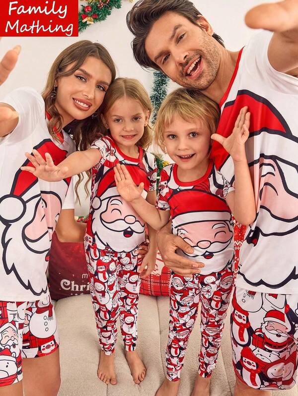 SHEIN Conjunto de Pijama Feminino Simples com Elementos de Papai Noel, Manga Curta e Shorts, Confortável e Casual, 2 Peças
