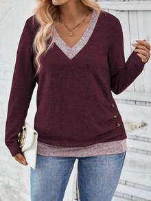 EMERY ROSE New Plus Size Women Fashion Casual Round Neck Button Decor Contrast Color Long Sleeve T-Shirt Fall - Red - View 1