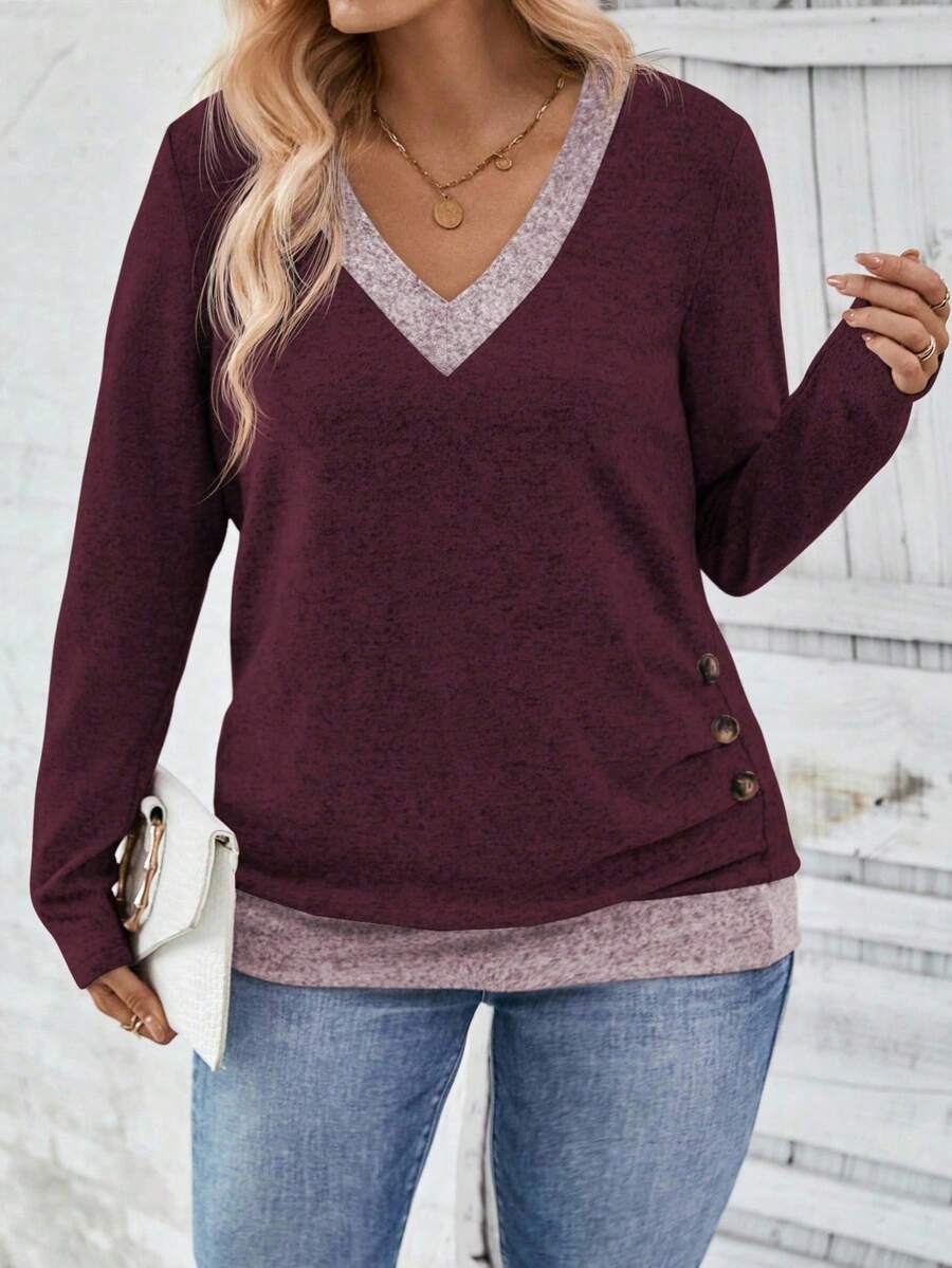 EMERY ROSE New Plus Size Women Fashion Casual Round Neck Button Decor Contrast Color Long Sleeve T-Shirt Fall - Red - View 1
