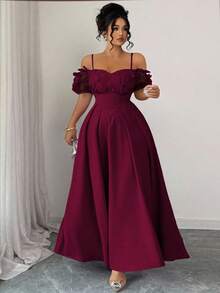 Elenzga 加大码缀饰细肩带露肩蝴蝶 3D 花卉褶饰腰部短袖修身紫色和薰衣草色 A 字优雅法式连衣裙 - 酒紅色 - 查看 1