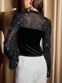 SHEIN DECDS 复古经典优雅女士长袖T恤，秋冬款，修身剪裁，正面蝴蝶结，网纱拼接，黑色，饰有金属丝和亮片。黑色闪亮上衣，亮片上衣，黑色水钻上衣，黑色亮片上衣，优雅衬衫，新年女装，性感上衣，黑色上衣 - 黑色 - 查看 2
