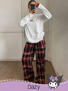 HELLO KITTY AND FRIENDS | SHEIN DAZY Damen süßer Cartoon-Grafik Langarm-Top und karierte weite Hose Loungewear-Set, bequeme Freizeitkleidung, Frühling/Herbst, gemütliche Outfits, Herbst-Winter-Kleidung