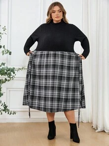 SHEIN CURVE+ Plus Size Women's Elegant Patchwork Plaid Hem Long Sleeve Dress, Suitable For Office Wear, Winter,Fall Clothes For Women/Autumn /Winter