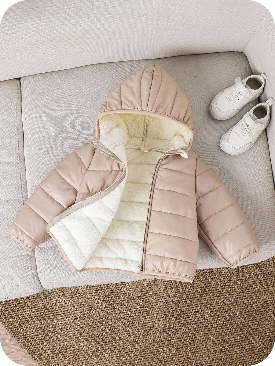 SHEIN 男婴/女婴米色冬季保暖内衬连帽拉链夹克,休闲百搭多功能柔软舒适外套,适合在雪地玩耍 - 杏色 - 查看 1